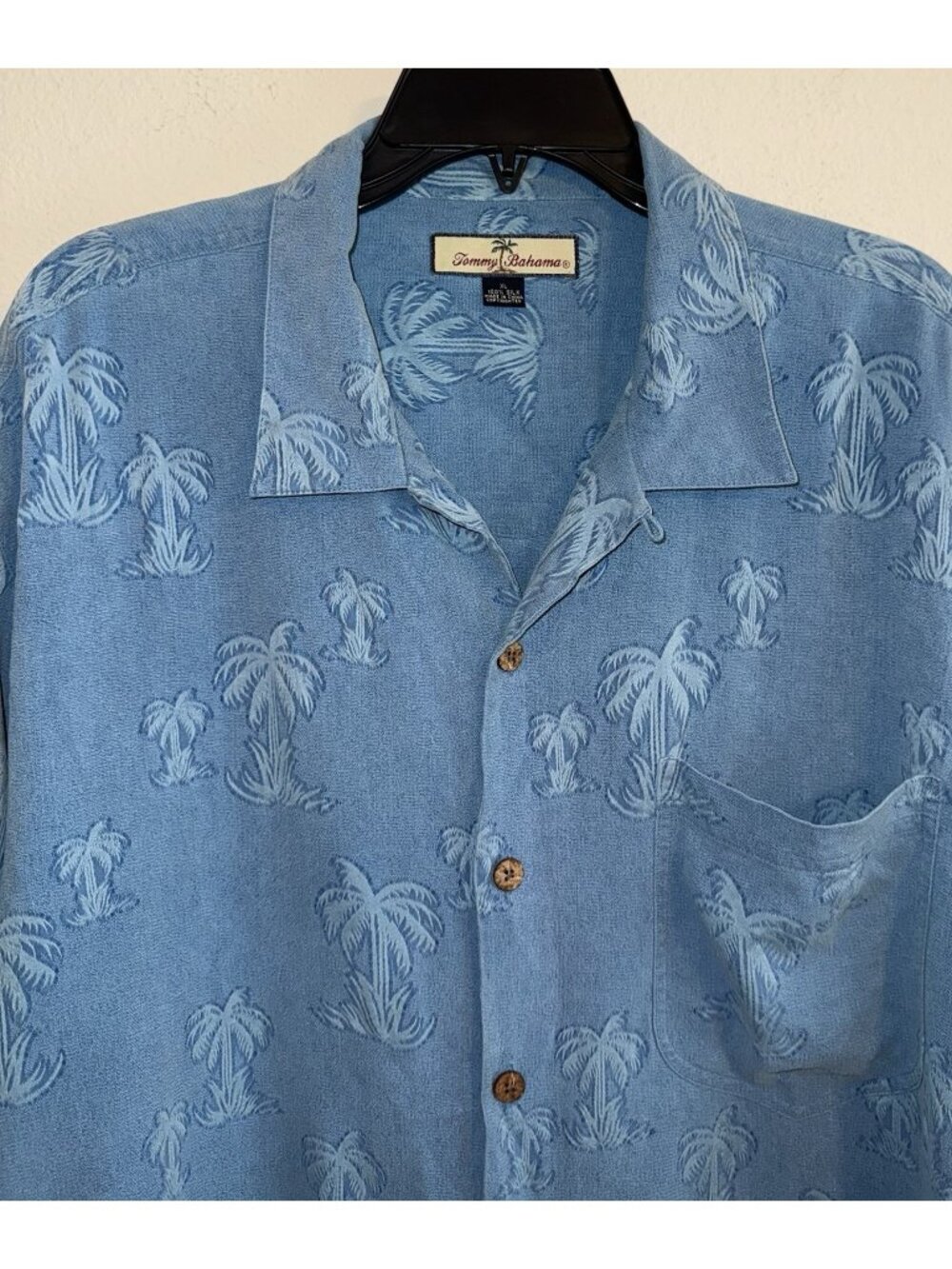 Tommy Bahama Silk Button Front Shirt Collar Palm Trees Print Mens XL XLarge Blue - Picture 3 of 6